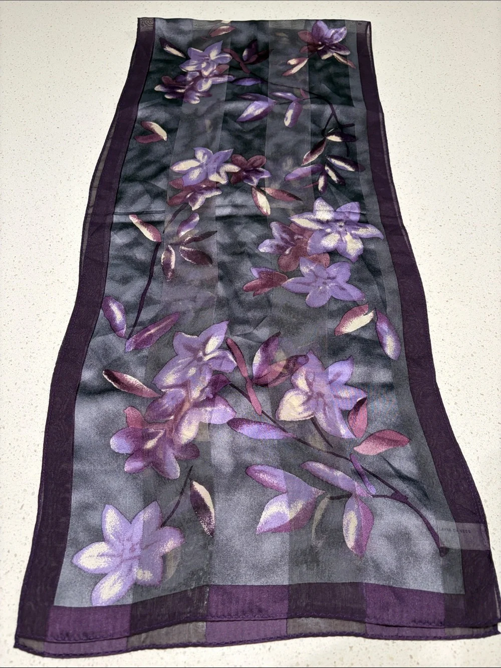 Purple Floral Sheer Silk Scarf